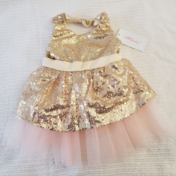 BNWT Baby Girl Dress 12 m 1 T Pink Gold Tulle Bow Formal - Picture 3 of 3